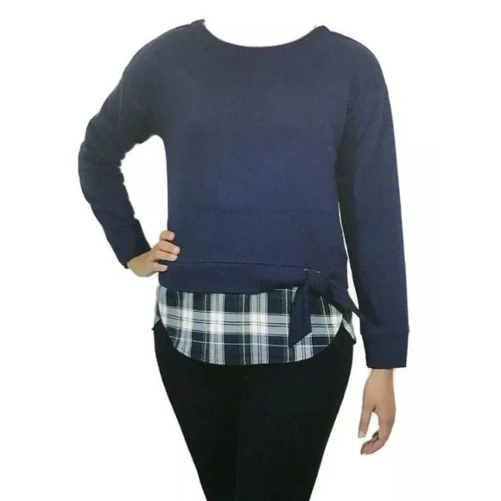 IZOD Size S Peacoat Tie Front 2-Fer Sweatshirt Navy Blue Plaid Trimmed Layered